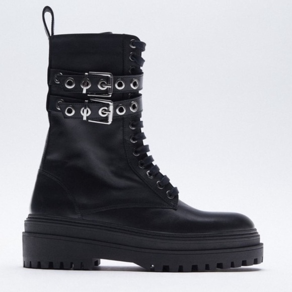 Zara Shoes - Zara Chain Laced Up Biker Moto Boot 100% leather SZ 6.5